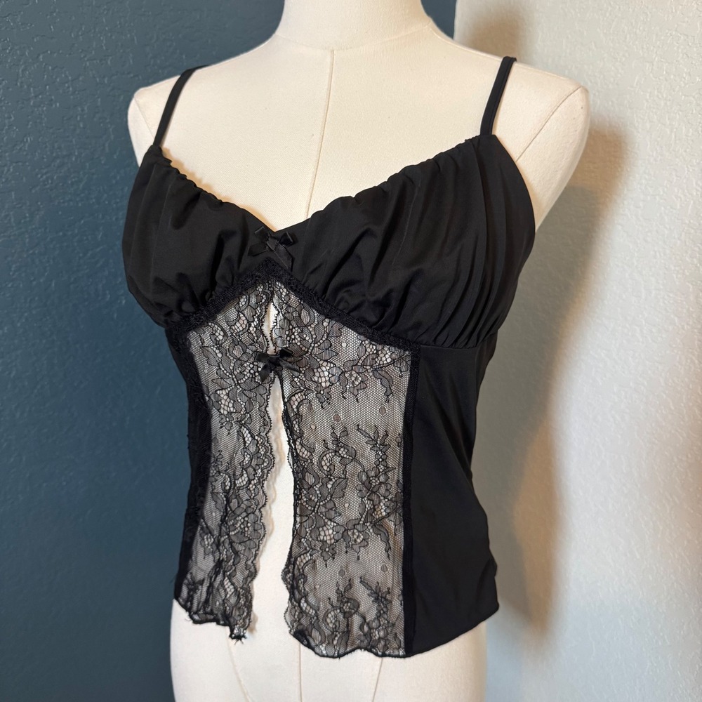 Coquette Goth Lace Bow Ruched Cami Cider Top Medium Black